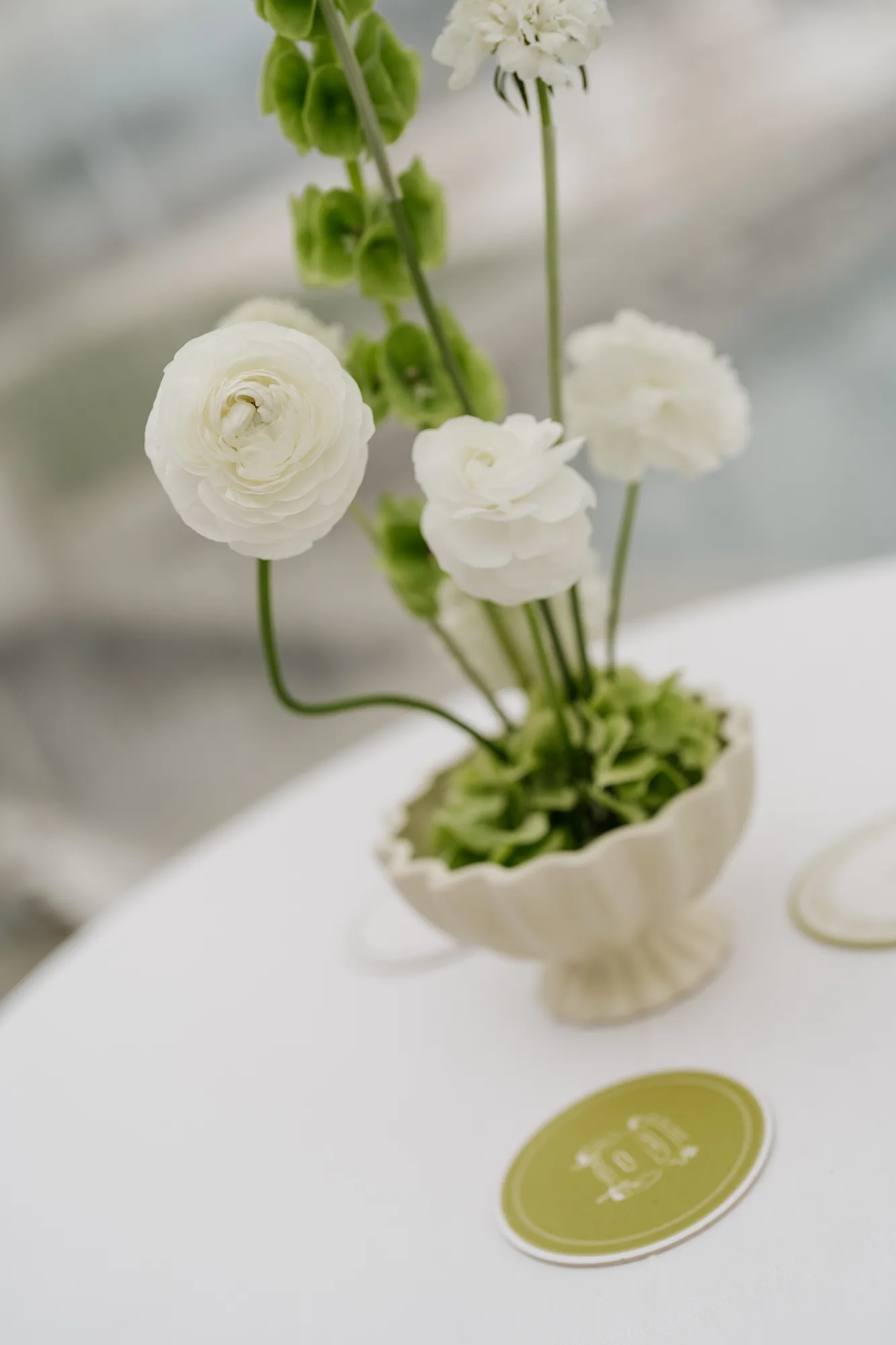 Detail of a white ranunculus on a curving stem beside bells of Ireland in a cream compote, a chartreuse coaster below
