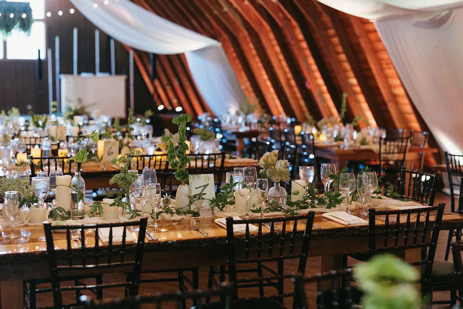 Long reception tables under barn rafters and white drapes, bud vases of anthurium, bells of Ireland, and Phylica with candles
