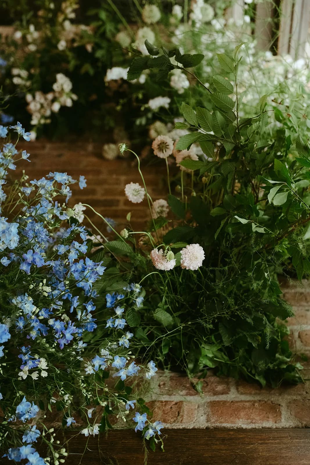 Sky blue delphinium, blush scabiosa and layered greens gather against a brick step within the ceremony installation