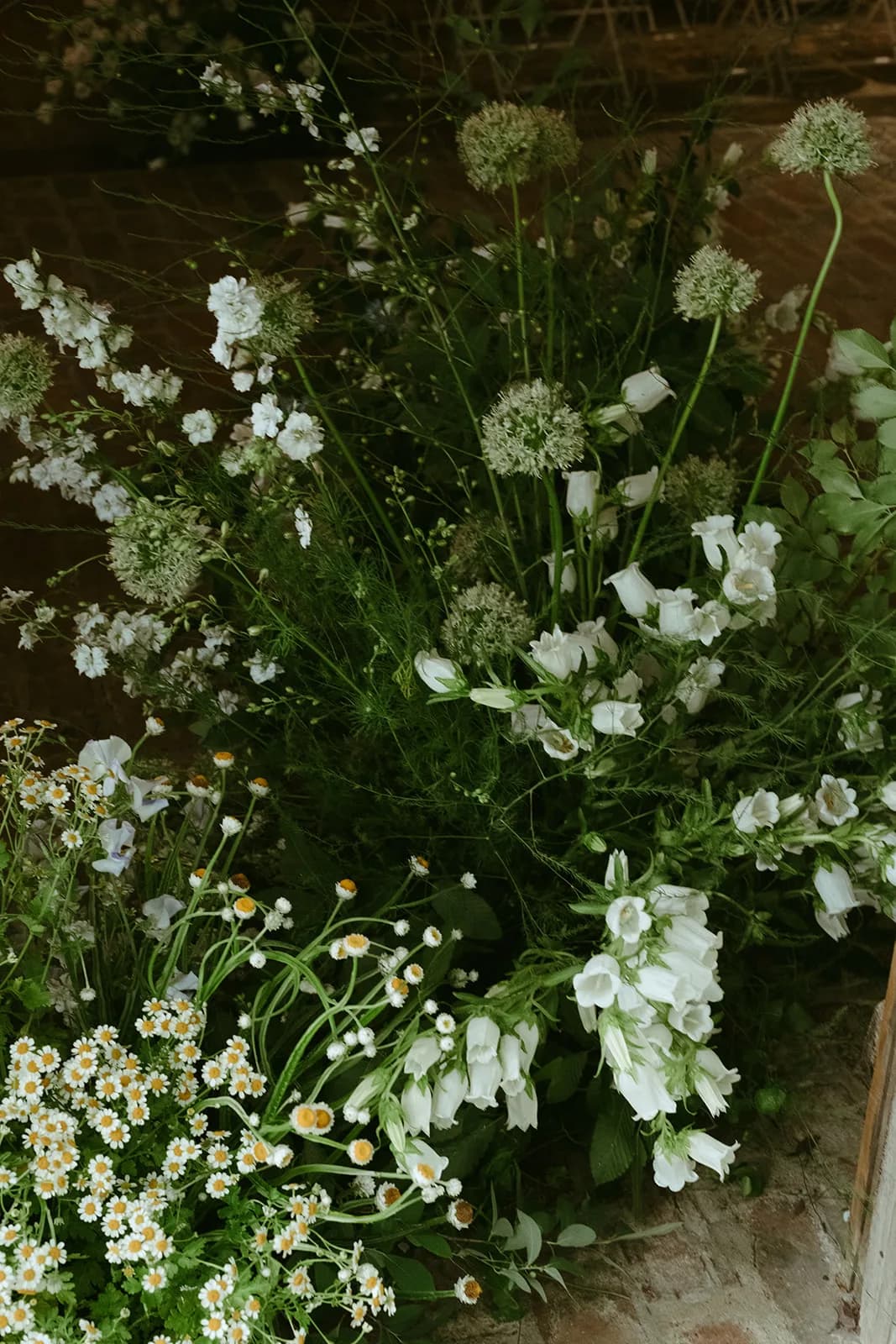 White allium, campanula, larkspur, feverfew and yellow strawflower rise through wispy stems in the ceremony installation