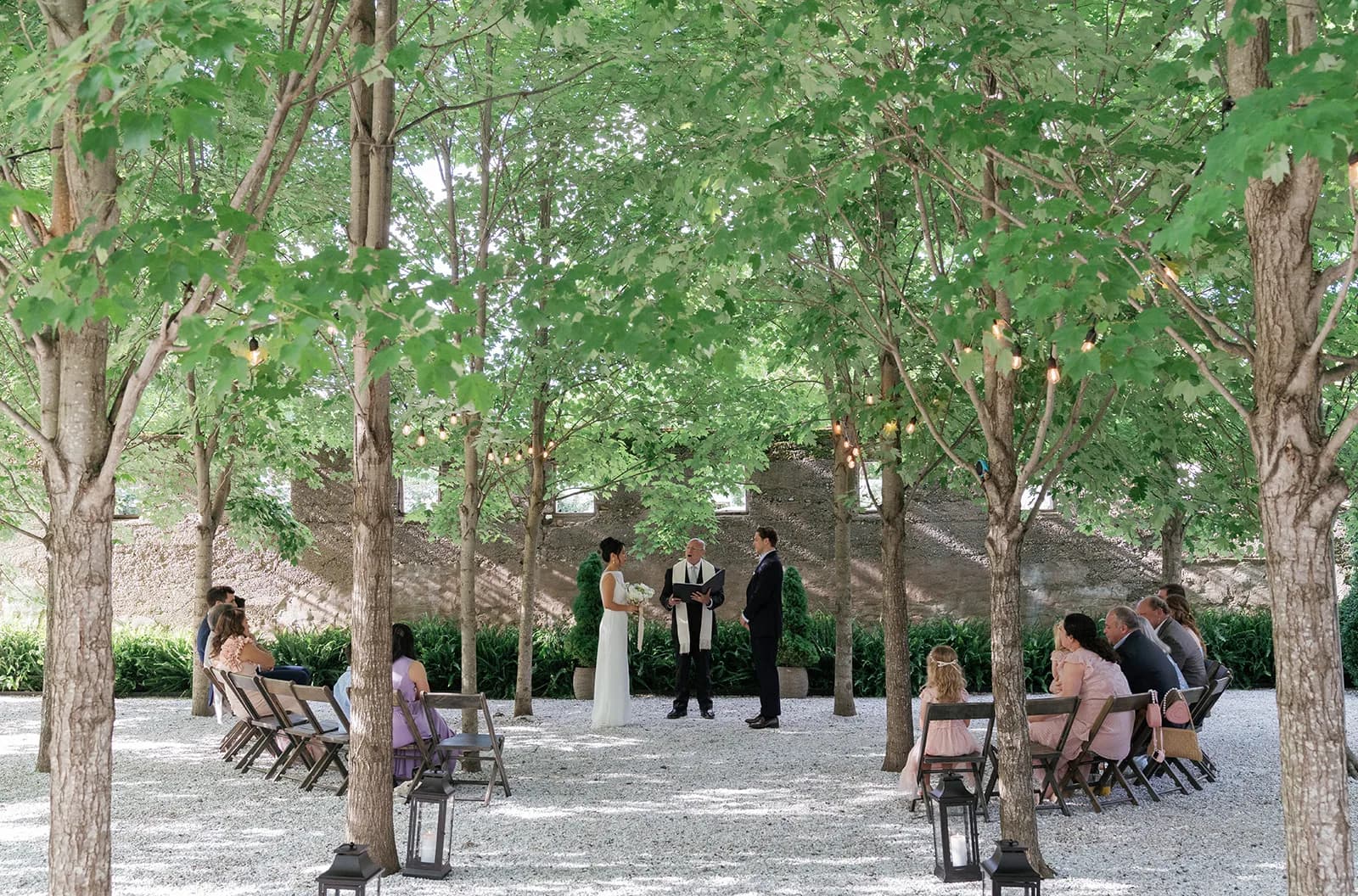 Wide view of the ceremony beneath maple trees, Trisha and Jim facing the officiant with a small circle of guests and lanterns