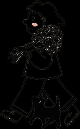 Whimsy Flower's logo, representing the owner with a bouquet with a black dog walking by her side
