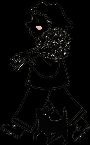 Whimsy Flower's logo, representing the owner with a bouquet with a black dog walking by her side